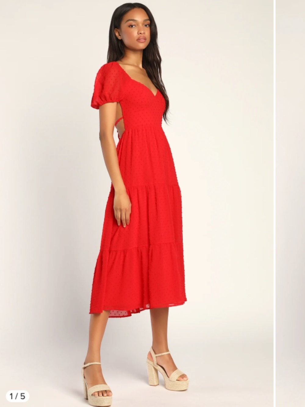 Lulu's Tier for the Sunshine Red Tiered Backless Clip Dot Midi Dress, Women's S